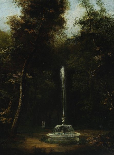 View of the lazienki Park with a fountain II  by Kazimierz Wojniakowski - Hand-Painted Oil Painting Reproduction