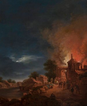 Town on fire in summer by Kazimierz Zwan Oil Painting