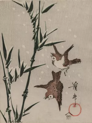 Sparrows, Bamboo and Falling Snow Oil painting by Keisai Eisen