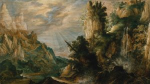 A Mountainous Landscape with a Waterfall by Kerstiaen De Keuninck Oil Painting