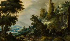 Mountain Landscape with Waterfall by Kerstiaen De Keuninck Oil Painting