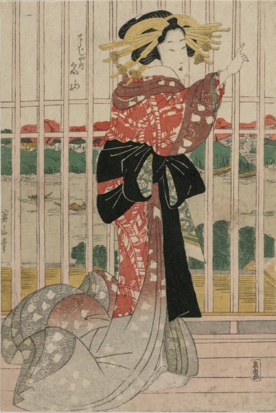The Courtesan Meizan of the Chojiya on a Balcony Overlooking the Sumida River  by Kikukawa Eizan - Hand-Painted Oil Painting Reproduction