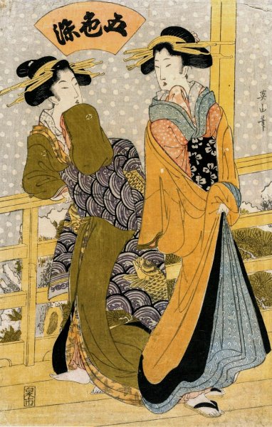 Two Courtesans on a Balcony  by Kikukawa Eizan - Hand-Painted Oil Painting Reproduction