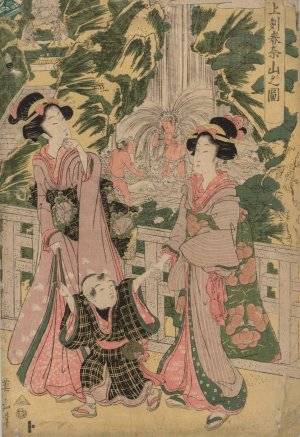 Two Girls and Child on Temple Bridge by Kikukawa Eizan Oil Painting