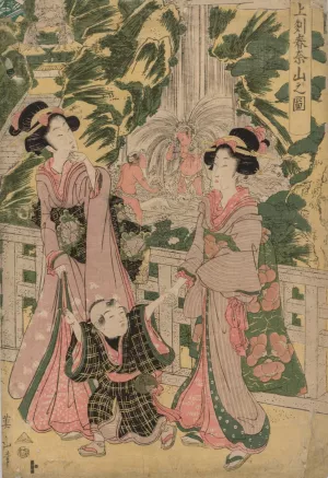Two Girls and Child on Temple Bridge by Kikukawa Eizan Oil Painting
