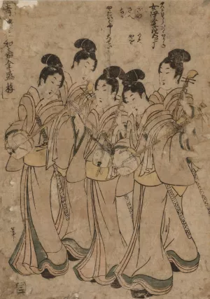 Young Women with Musical Instruments by Kikukawa Eizan Oil Painting