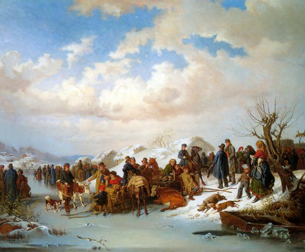 Main Product Photo of A Village Gathering Along a Frozen River Painting by Kilian Christoffer Zoll