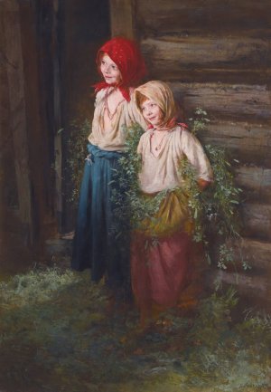 Village Girls by Kirill Vikentevich Lemokh Oil Painting