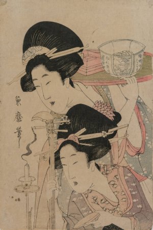 Two Geishas beside a Candle by Kitagawa Tsukimaro Oil Painting