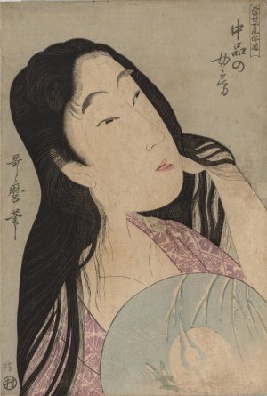 Bust of Woman with Loose Hair Holding Fan by Kitagawa Utamaro Oil Painting