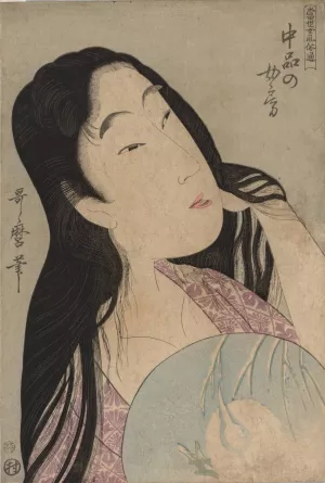 Bust of Woman with Loose Hair Holding Fan by Kitagawa Utamaro Oil Painting