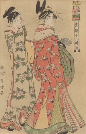Courtesan Passing through Street, Accompanied by Servant by Kitagawa Utamaro Oil Painting