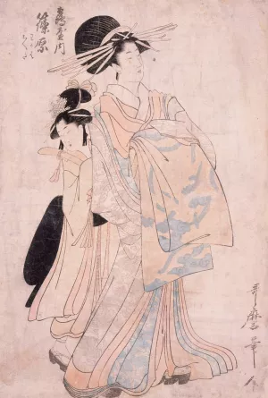Courtesan Shinowara of Tsuruya, kamuro Wakaba and Chieda by Kitagawa Utamaro Oil Painting