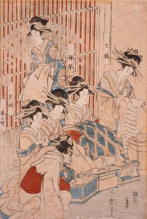 Courtesans of the Ogiya Brothel on Display by Kitagawa Utamaro Oil Painting