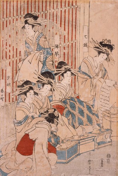 Courtesans of the Ogiya Brothel on Display  by Kitagawa Utamaro - Hand-Painted Oil Painting Reproduction