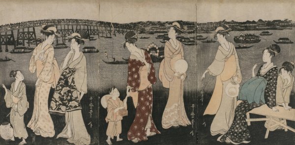 Enjoying the Evening Cool Along the Sumida River  by Kitagawa Utamaro - Hand-Painted Oil Painting Reproduction