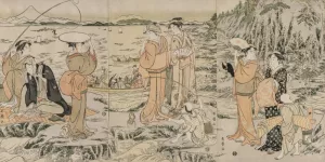 Fishing on the Chopping Board Rock at Enoshima by Kitagawa Utamaro Oil Painting