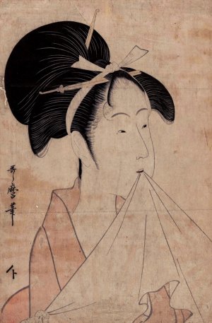 Head of Woman Holding Towel in Her Mouth by Kitagawa Utamaro Oil Painting