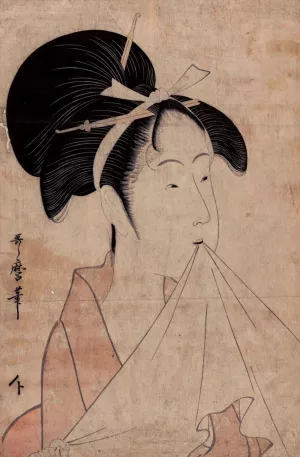 Head of Woman Holding Towel in Her Mouth by Kitagawa Utamaro Oil Painting