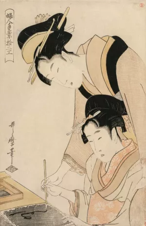 Mother Teaching her Daughter Calligraphy, from the series, Twelve Occupations of Women by Kitagawa Utamaro Oil Painting