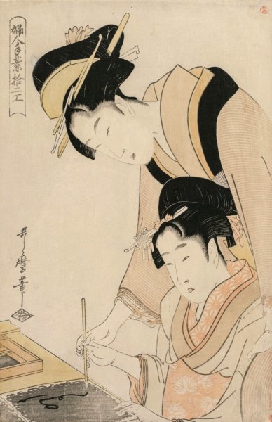 Main Product Photo of Mother Teaching her Daughter Calligraphy, from the series, Twelve Occupations of Women  Painting by Kitagawa Utamaro