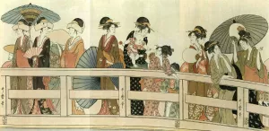 Scenes on and Under Ryogoku Bridge by Kitagawa Utamaro Oil Painting
