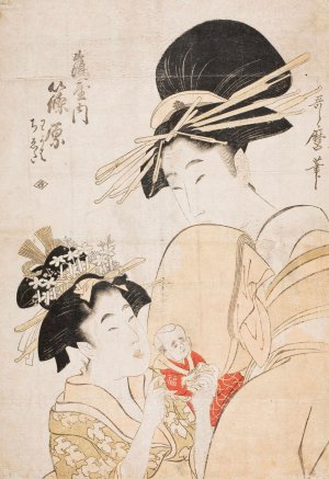Shinohara of the Tsuruya, kamuro Wakaba and Chieda by Kitagawa Utamaro Oil Painting