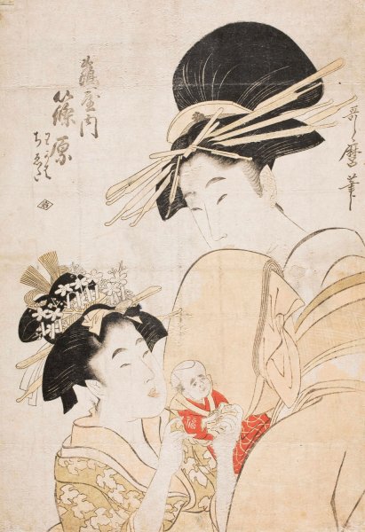 Shinohara of the Tsuruya, kamuro Wakaba and Chieda  by Kitagawa Utamaro - Hand-Painted Oil Painting Reproduction