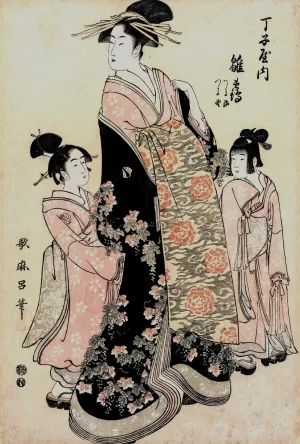 The Courtesan Hinazuru of Chojiya with her Attendants Tsuruji and Tsuruno by Kitagawa Utamaro Oil Painting