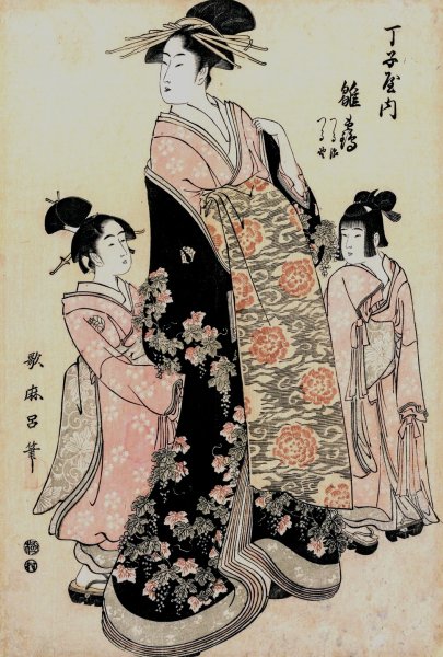 Main Product Photo of The Courtesan Hinazuru of Chojiya with her Attendants Tsuruji and Tsuruno  Painting by Kitagawa Utamaro
