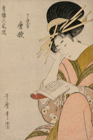 The Courtesan Karauta of Chojiya Reading a Book by Kitagawa Utamaro Oil Painting