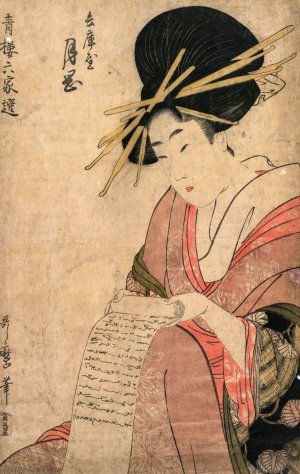 The Courtesan Tsukioka of Hyogoya Rolling a Letter by Kitagawa Utamaro Oil Painting
