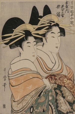 The Courtesans Kasugano and Utahama of Tamaya by Kitagawa Utamaro Oil Painting