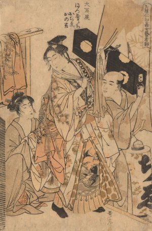 Two Women and Man Carrying Black Samisen Box by Kitagawa Utamaro Oil Painting