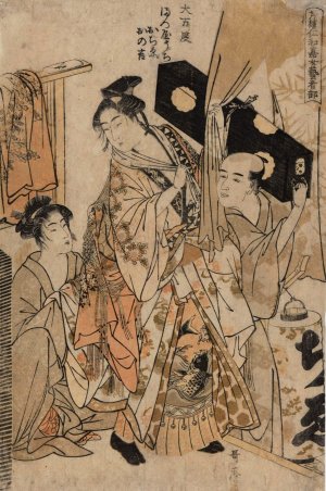 Two Women and Man Carrying Black Samisen Box by Kitagawa Utamaro Oil Painting