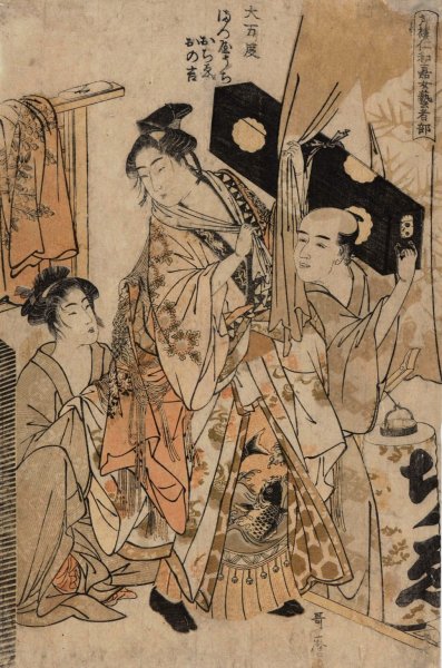 Two Women and Man Carrying Black Samisen Box  by Kitagawa Utamaro - Hand-Painted Oil Painting Reproduction