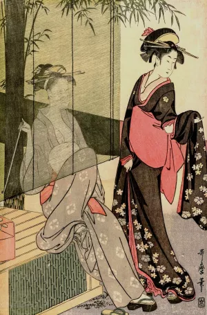 Two Women by a Bamboo Blind by Kitagawa Utamaro Oil Painting