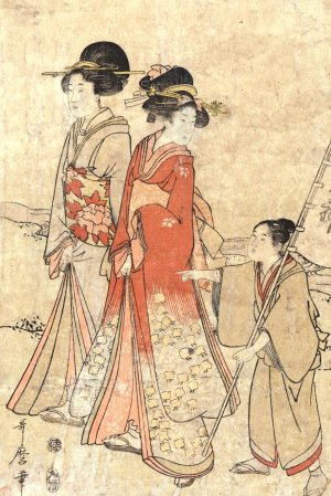 Two Women Walking by a Stream Directed by Boy by Kitagawa Utamaro Oil Painting