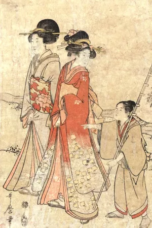 Two Women Walking by a Stream Directed by Boy by Kitagawa Utamaro Oil Painting