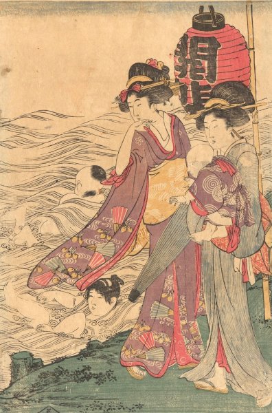 Two Women with Children at the Seashore  by Kitagawa Utamaro - Hand-Painted Oil Painting Reproduction