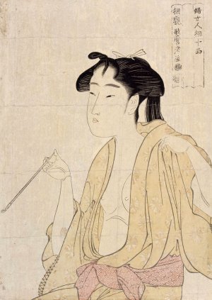 Woman Exhaling Smoke from a Pipe by Kitagawa Utamaro Oil Painting
