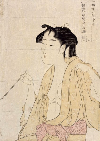 Woman Exhaling Smoke from a Pipe  by Kitagawa Utamaro - Hand-Painted Oil Painting Reproduction