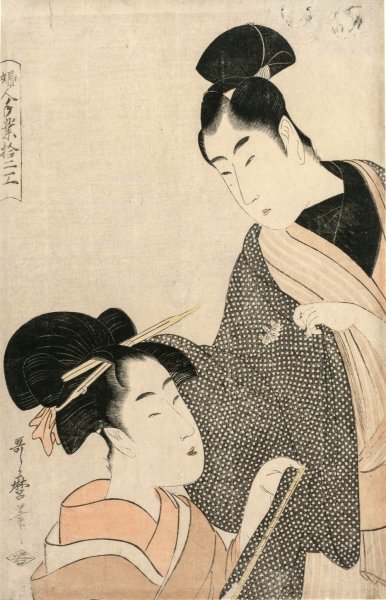 Woman Measuring a Man's Gown  by Kitagawa Utamaro - Hand-Painted Oil Painting Reproduction