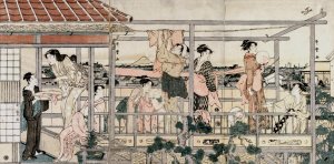 Women Hanging Laundry to Dry on a Balcony by Kitagawa Utamaro Oil Painting