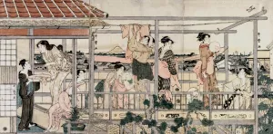 Women Hanging Laundry to Dry on a Balcony by Kitagawa Utamaro Oil Painting