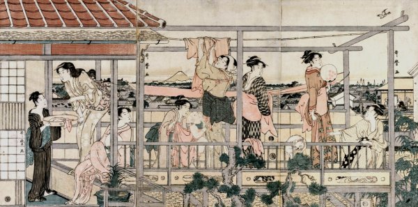 Women Hanging Laundry to Dry on a Balcony  by Kitagawa Utamaro - Hand-Painted Oil Painting Reproduction