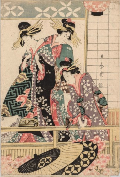 Yoshiwara Women Looking into the Street at Springtime  by Kitagawa Utamaro - Hand-Painted Oil Painting Reproduction