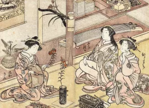 Courtesans Arranging Flowers Oil painting by Kitao Shigemasa