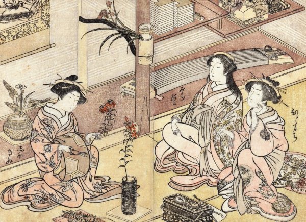 Courtesans Arranging Flowers  by Kitao Shigemasa - Hand-Painted Oil Painting Reproduction