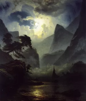 A Norwegian Fjord by Moonlight by Knud Andreassen Baade Oil Painting